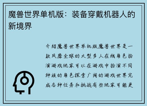 魔兽世界单机版：装备穿戴机器人的新境界